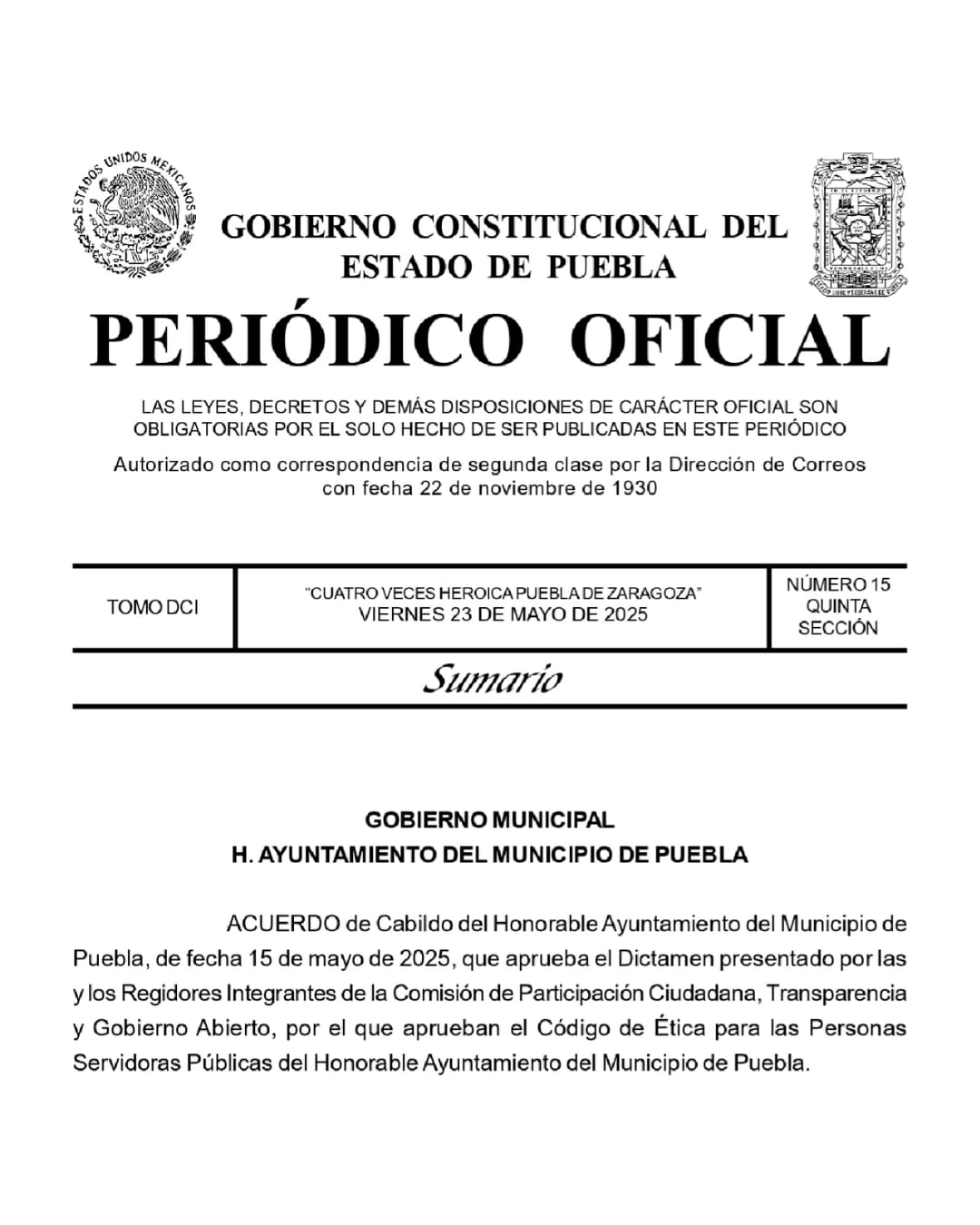 Código de Ética para las Personas Servidoras Públicas del Honorable Ayuntamiento del Municipio de Puebla 